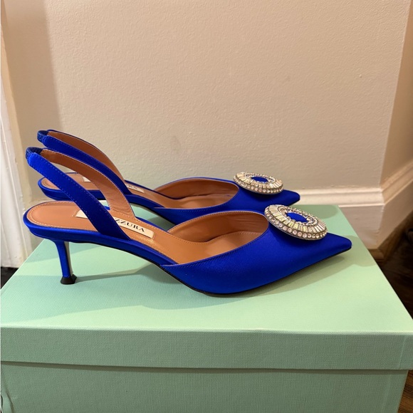 Aquazzura Royal Blue Satin Slingback Heels - Picture 2 of 9